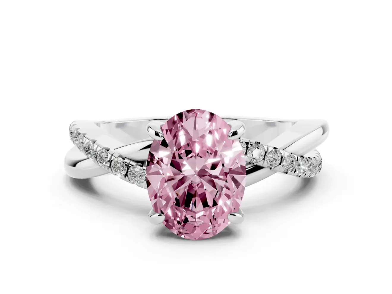 Fancy Pink Oval Cut Diamond Twist Band Solitaire Set in White gold with Pavé Accents and Prong Setting