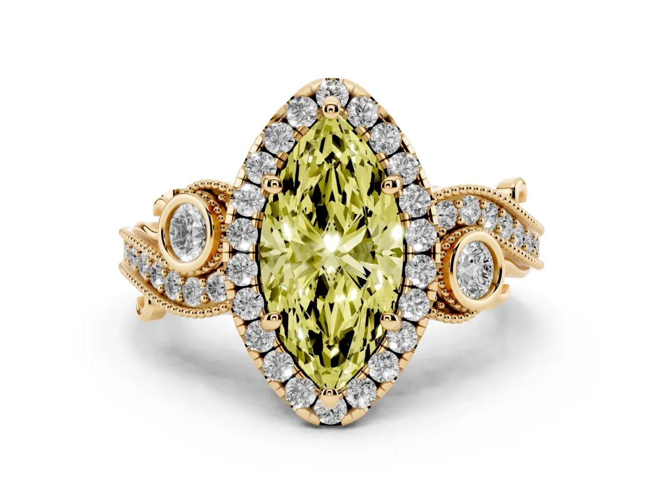 Fancy Yellow Marquise Cut Diamond Halo Ring Set in Yellow gold with Milgrain Pavé Band and Prong Setting