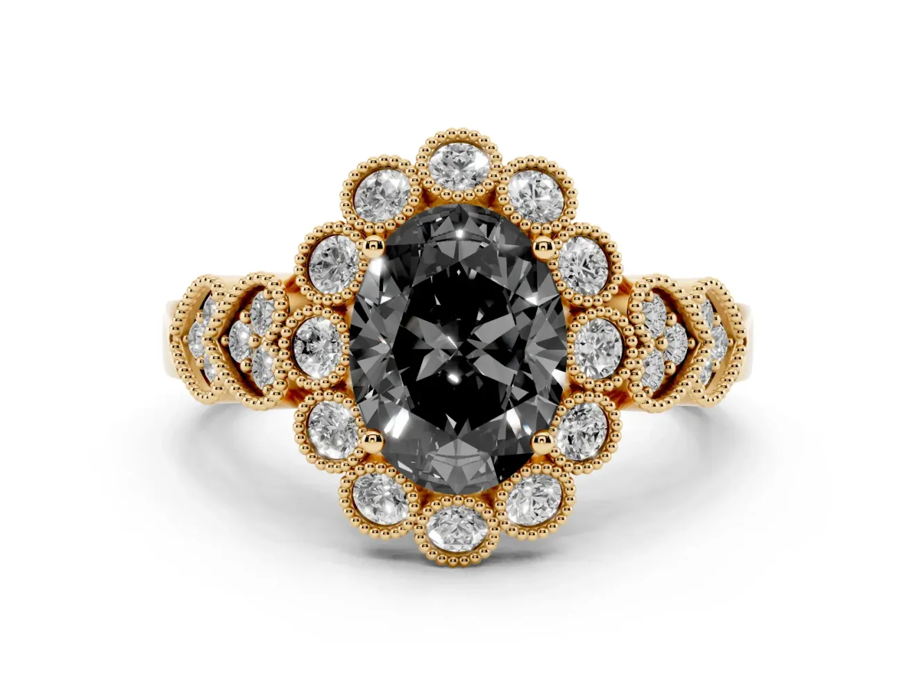 Oval Scalloped Halo Engagement Ring Setting for a Black Center | Heart Pavé Band | Yellow Gold
