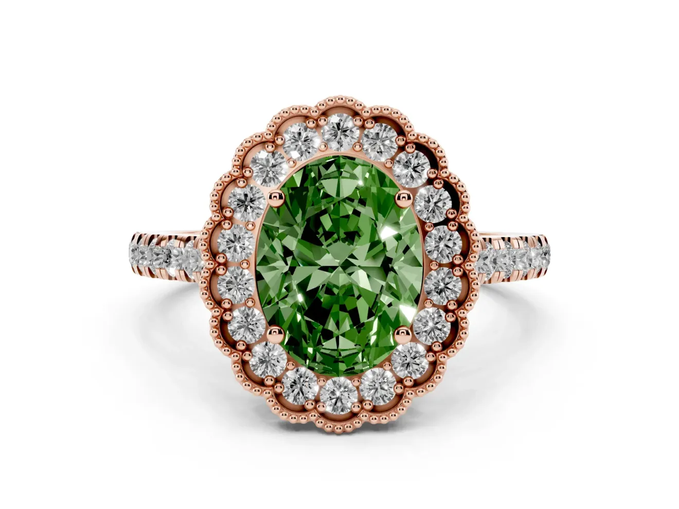 Fancy Green Oval Cut Diamond Milgrain Floral Halo Engagement Ring Set in Rose gold with Pavé Band