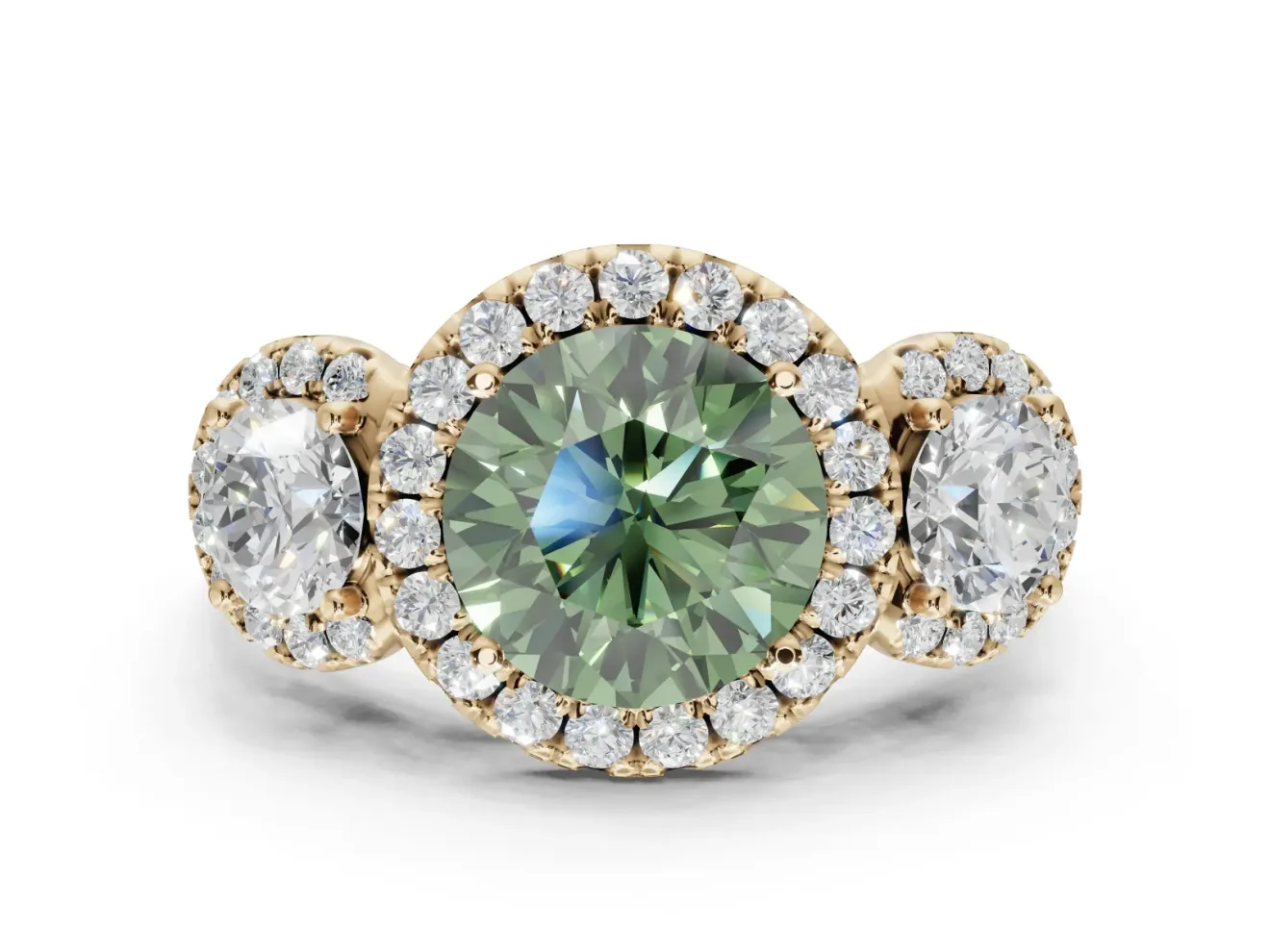 Round Three Stone Halo Engagement Ring Setting for a Fancy Green Lab-Grown Diamond | Yellow Gold
