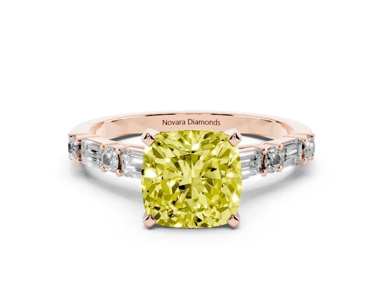 Cushion Cut Baguette Side Stone Engagement Ring Setting for a Fancy Yellow Lab-Grown Diamond | Rose Gold