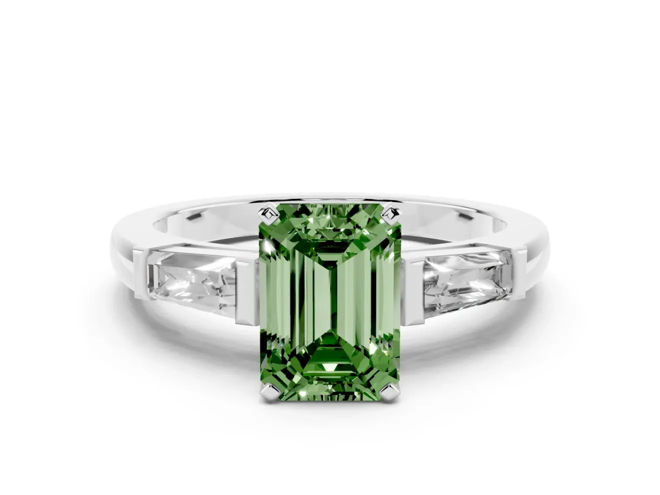 Fancy Green Emerald Cut Diamond Solitaire Ring Set in Platinum with Tapered Baguette Side Stones and Prong Setting