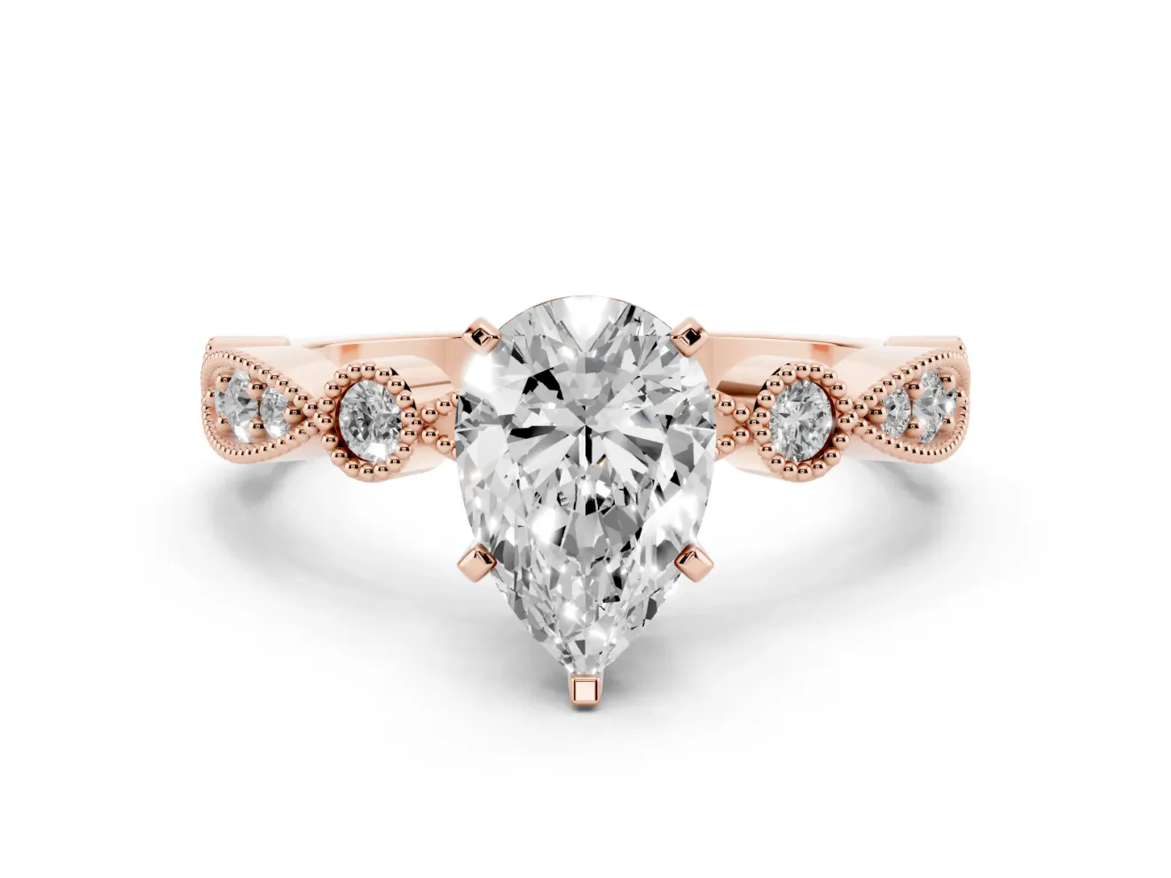 Pear Cut Diamond Solitaire Engagement Ring Set in Rose gold with Milgrain Bezel Accent Band
