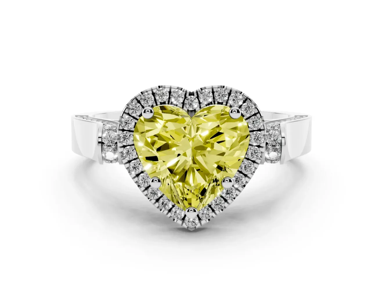 Heart-Shaped Halo Engagement Ring Setting for a Fancy Yellow Lab-Grown Diamond | Pointed Pave Shoulders | Platinum