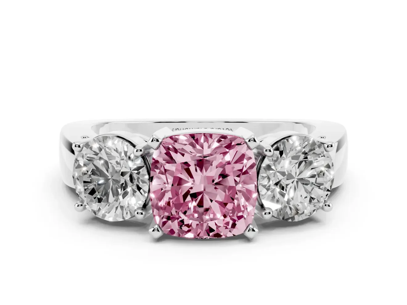 Cushion Cut Three Stone Engagement Ring Setting for a Fancy Pink Lab-Grown Diamond | Wide Plain Band | Platinum
