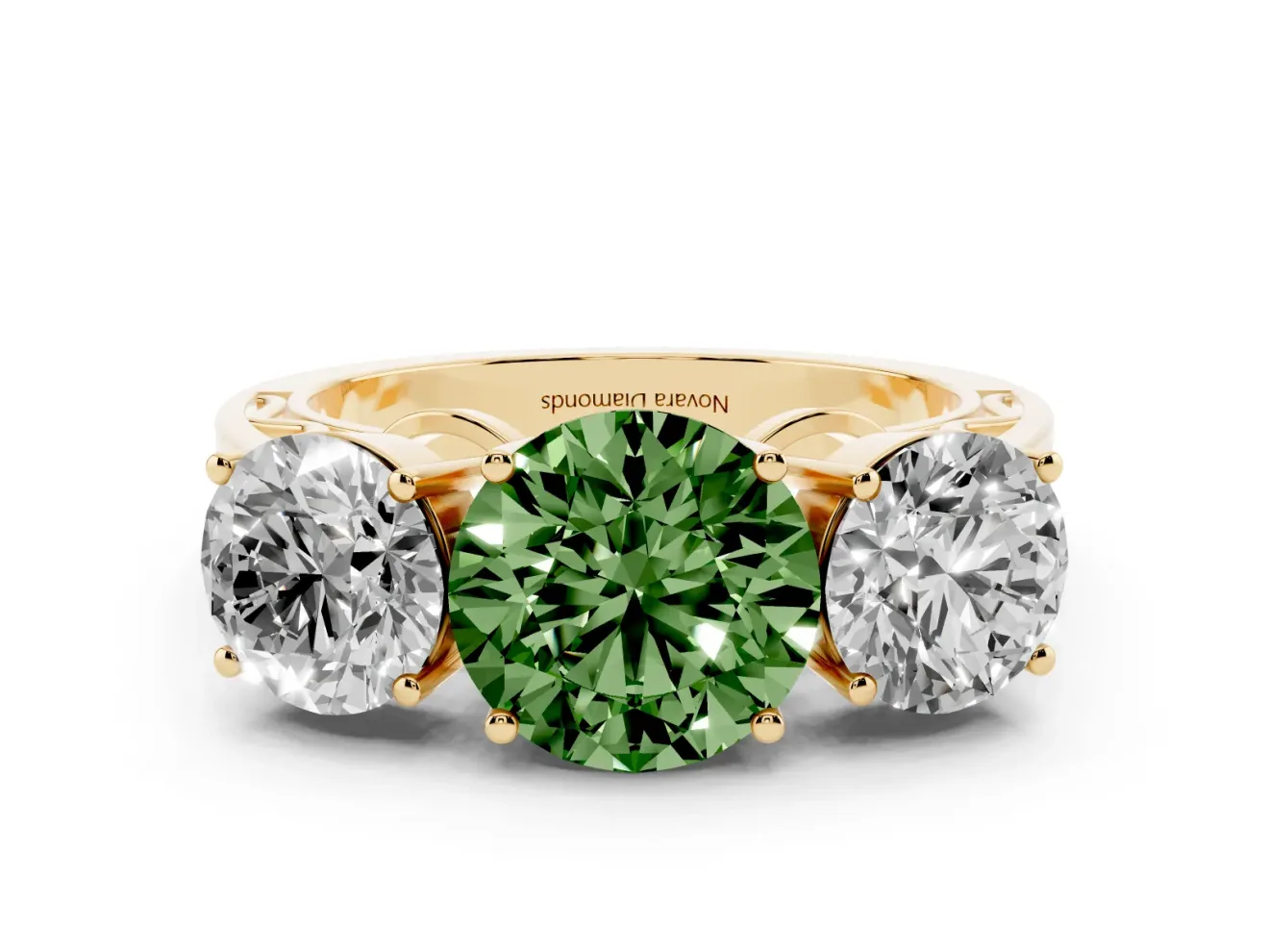 Round Engagement Ring Setting for a Fancy Green Lab-Grown Diamond | Three Stone | Yellow Gold