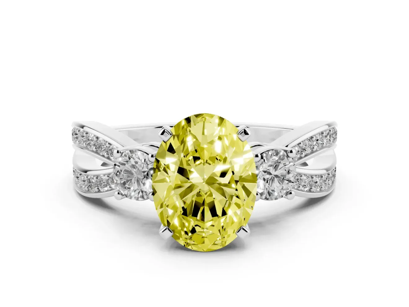 Fancy Yellow Three-Stone Oval Cut Diamond Twist Band Ring Set in Platinum with Pavé Accents and Prong Setting