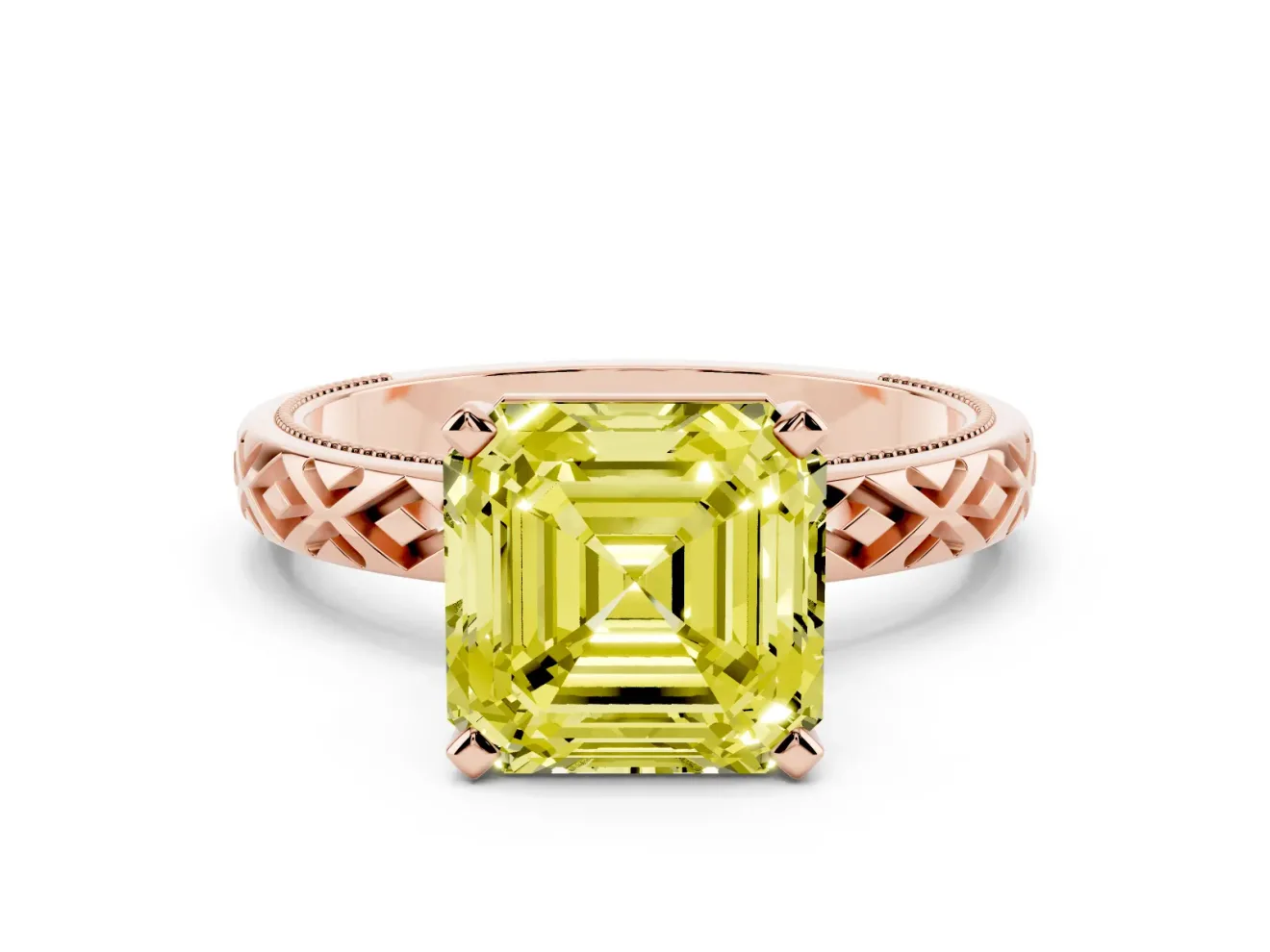 Asscher Cut Vintage Milgrain Engagement Ring Setting for a Fancy Yellow Lab-Grown Diamond | X Pattern Band | Rose Gold