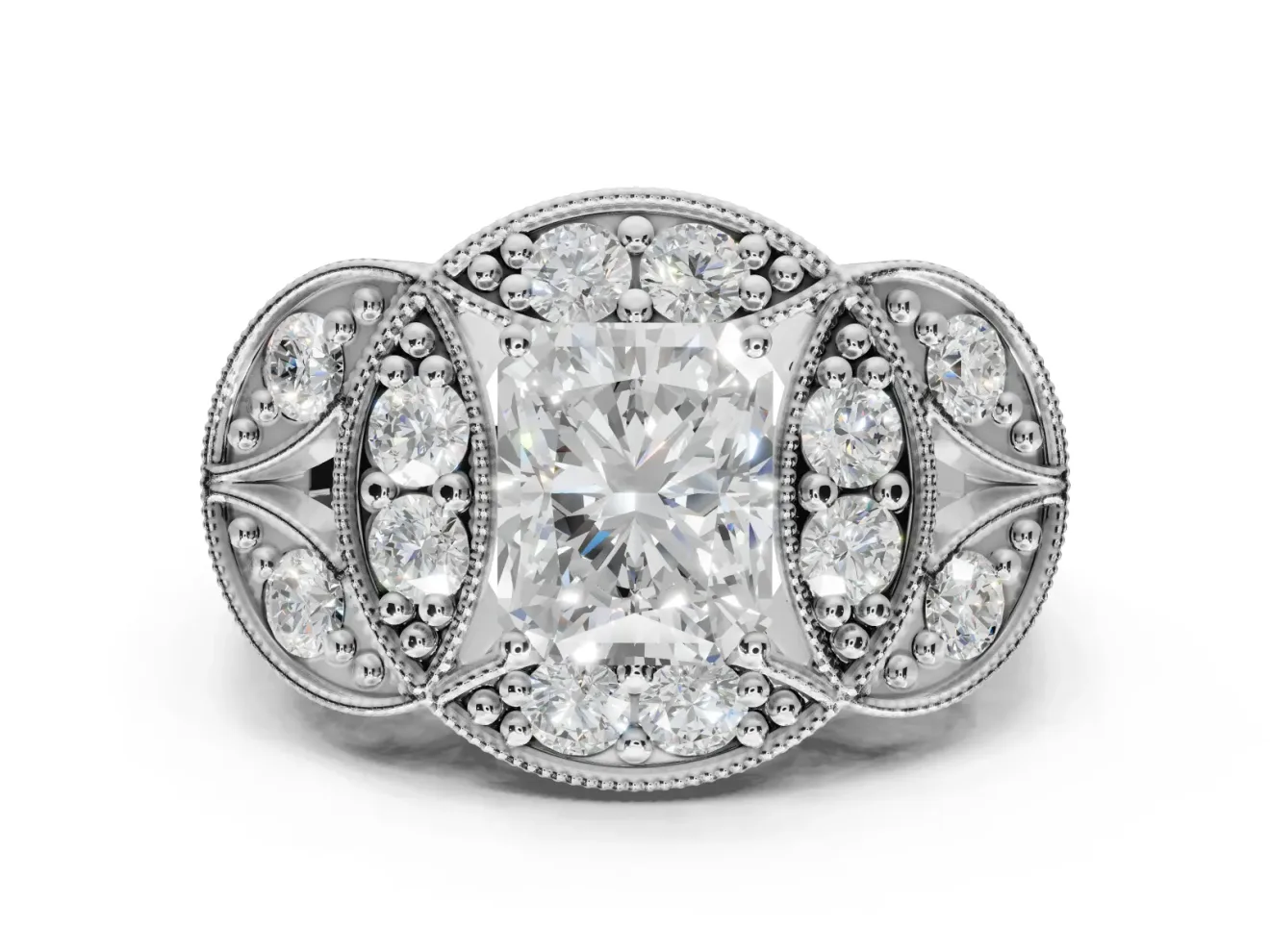 Radiant Cut Vintage Floral Halo Engagement Ring Setting | Engraved Milgrain Band | Sterling Silver