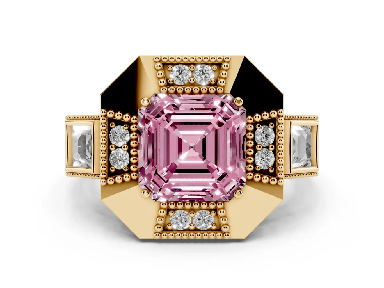 Asscher Cut Milgrain Sectioned Halo Engagement Ring Setting for a Fancy Pink Lab-Grown Diamond | Yellow Gold