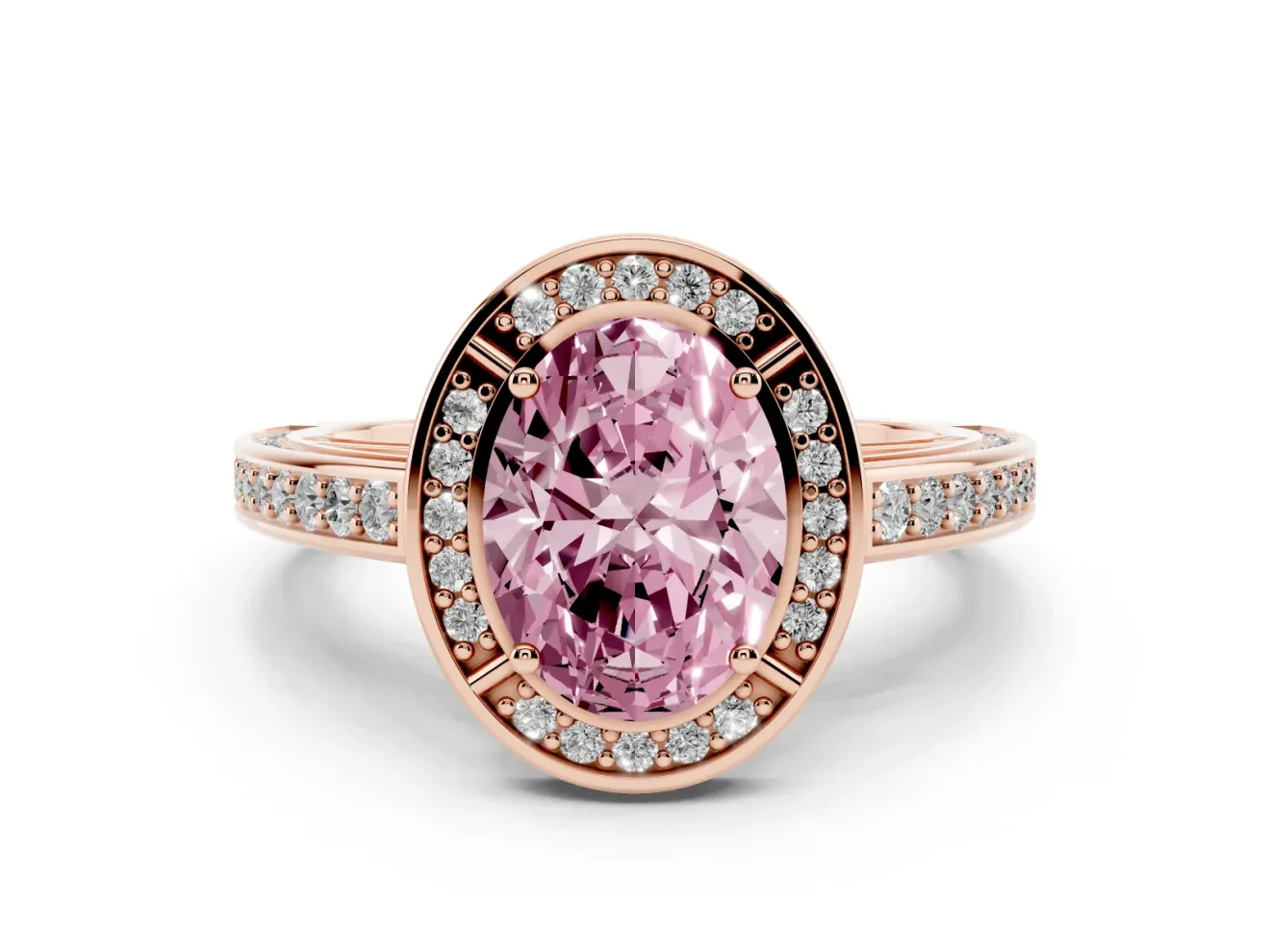 Fancy Pink Oval Cut Diamond Halo Pavé Split Shank Ring Set in Rose gold with Prong Setting