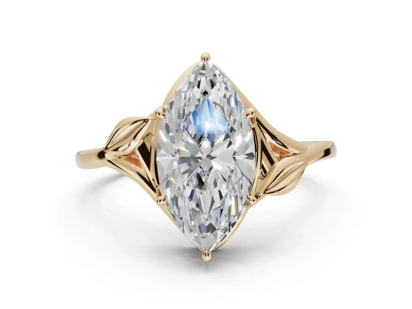 Marquise Leaf Bypass Solitaire Engagement Ring Setting | Polished Band | Yellow Gold