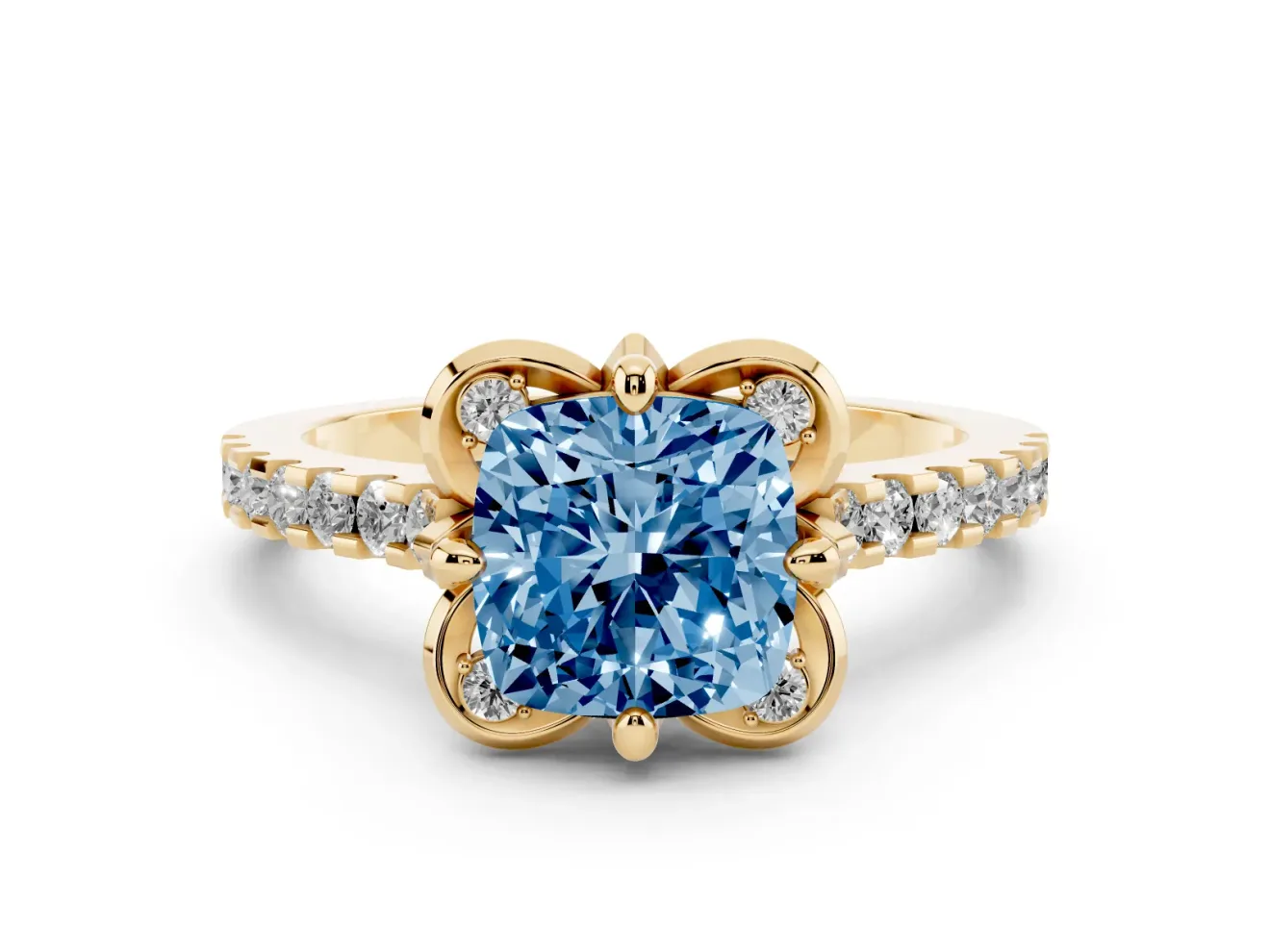 Cushion Cut Floral Petal Engagement Ring Setting for a Fancy Blue Lab-Grown Diamond | Petal Accents | Yellow Gold