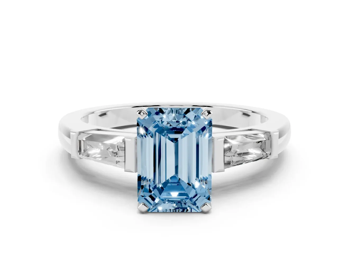 Fancy Blue Emerald Cut Diamond Solitaire Ring Set in White gold with Tapered Baguette Side Stones and Prong Setting