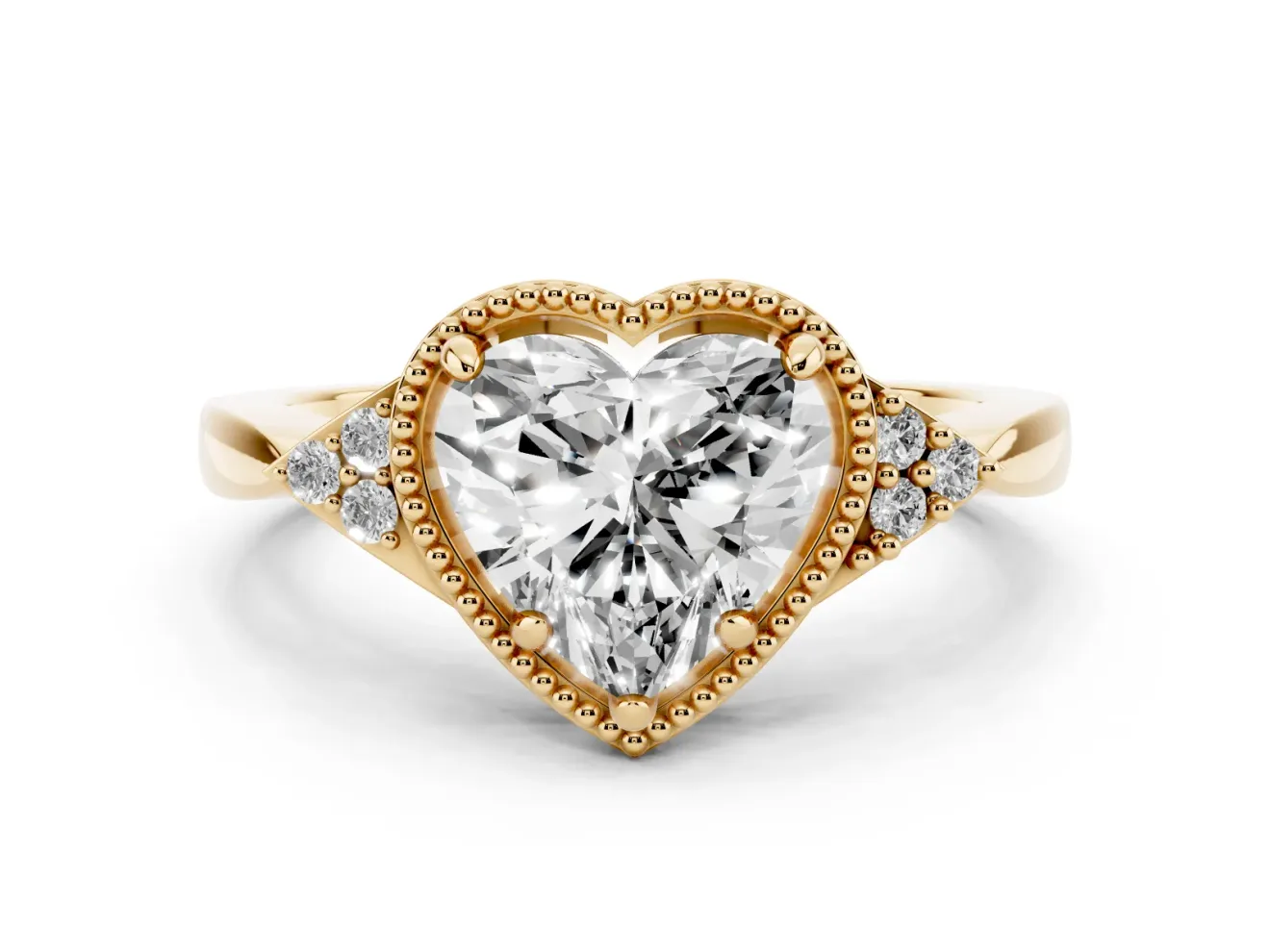 Heart Cut Diamond Milgrain Solitaire Ring Set in Yellow gold with Tapered Pavé Band and Prong Setting