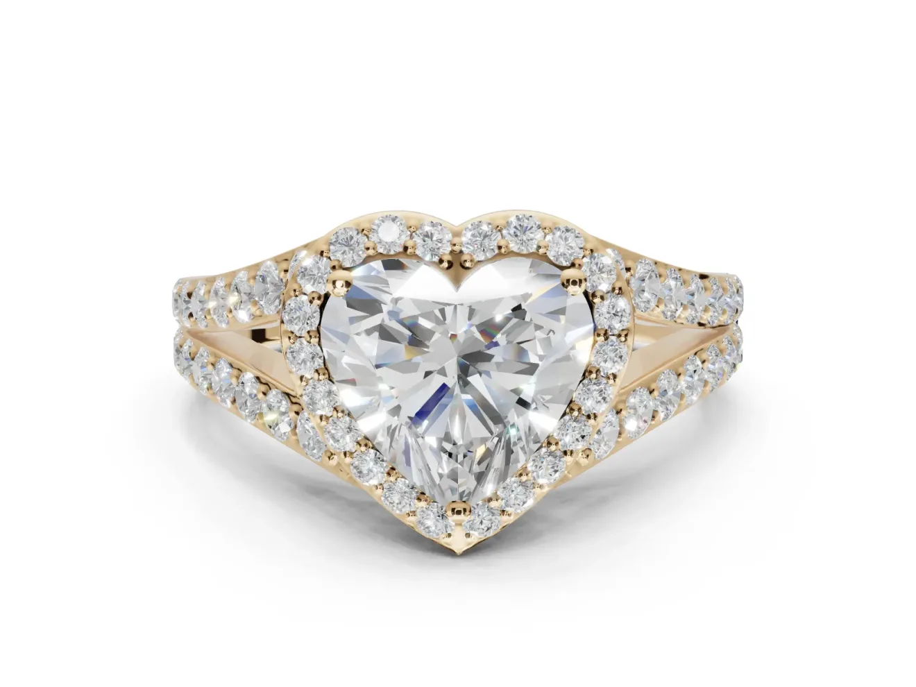 Heart-Shaped Halo Pavé Engagement Ring Setting | Narrow Split Shank | Yellow Gold