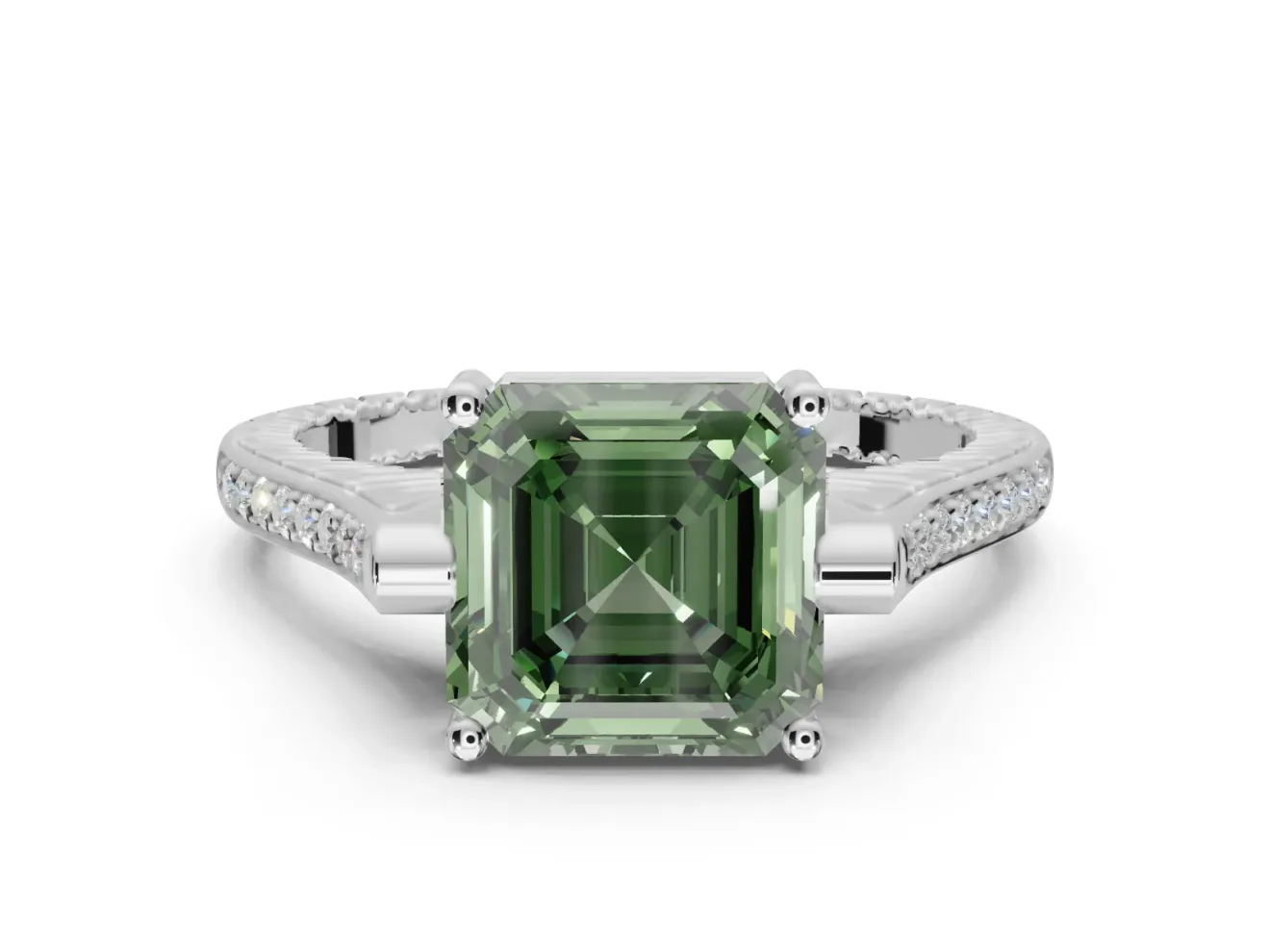 Asscher Cut Vintage Cathedral Engagement Ring Setting for a Fancy Green Lab-Grown Diamond | Carved Band | Platinum