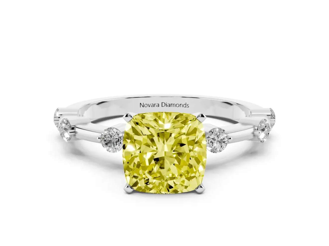 Fancy Yellow Cushion Cut Diamond Solitaire Ring Set in Silver with Bezel Set Side Stones and Prong Setting