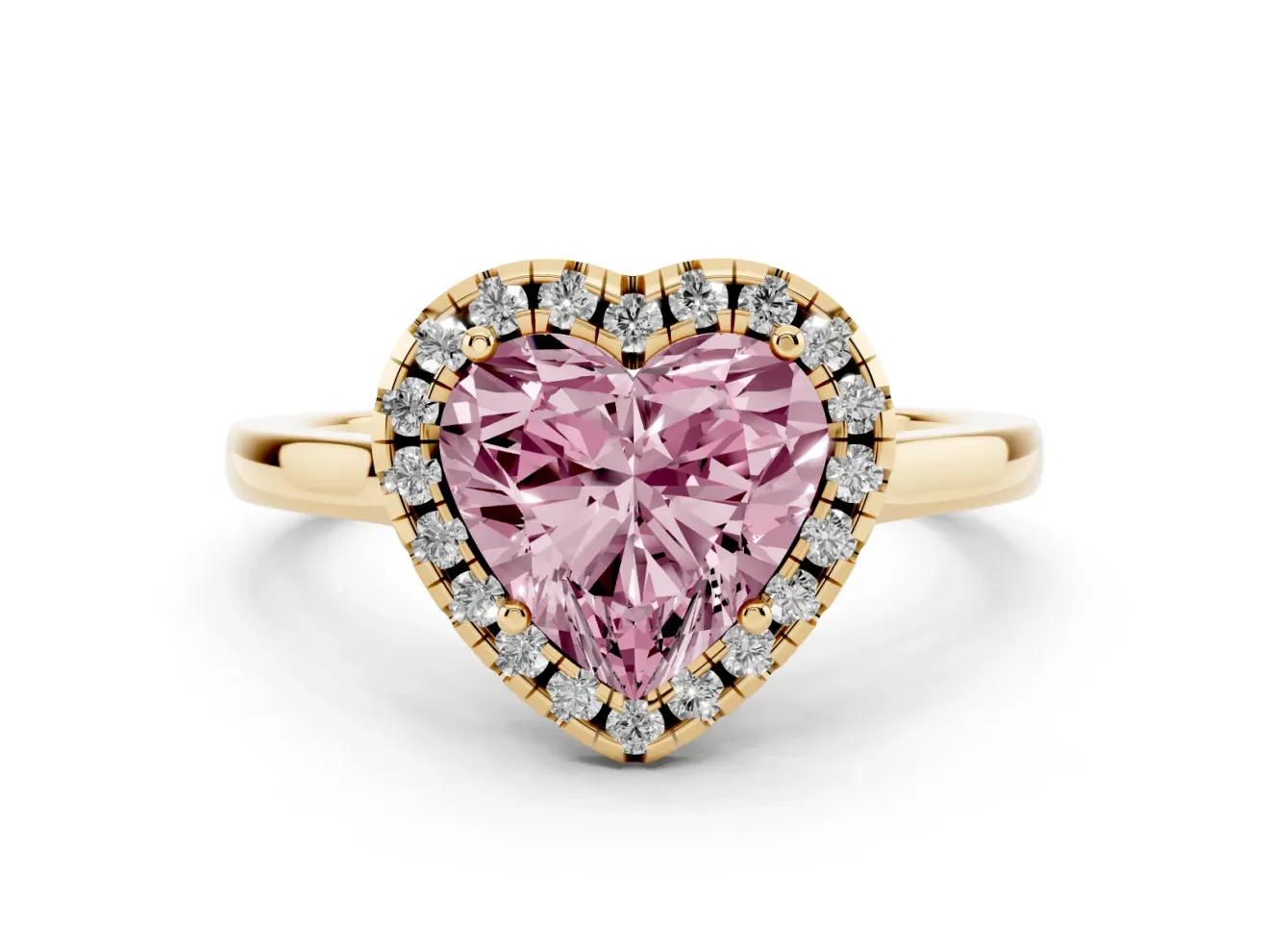 Heart-Shaped Halo Engagement Ring Setting for a Fancy Pink Lab-Grown Diamond | Flat Tapered Band | Yellow Gold
