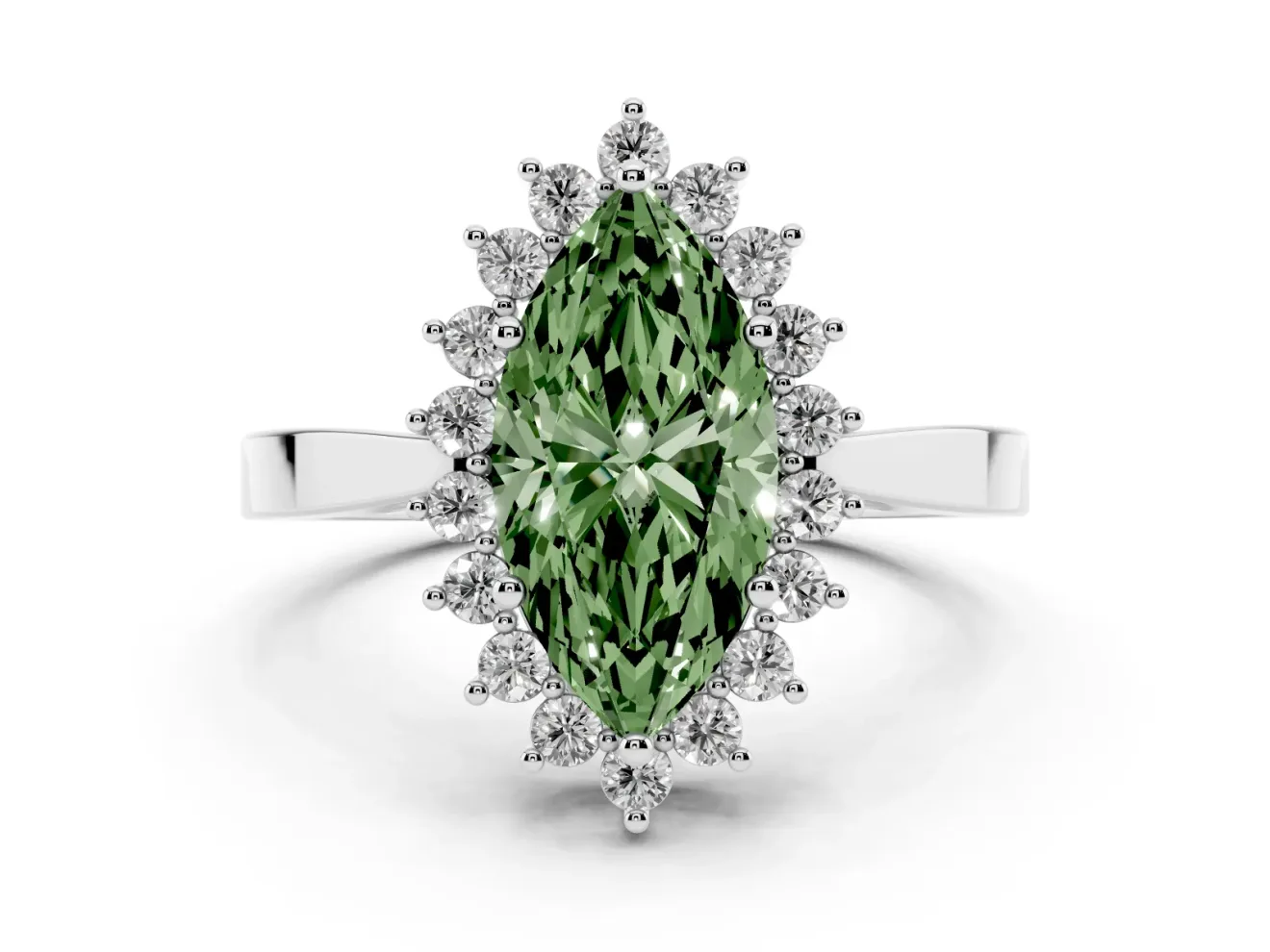 Fancy Green Marquise Cut Diamond Halo Ring Set in White gold with Round Halo and Smooth Solitaire Band