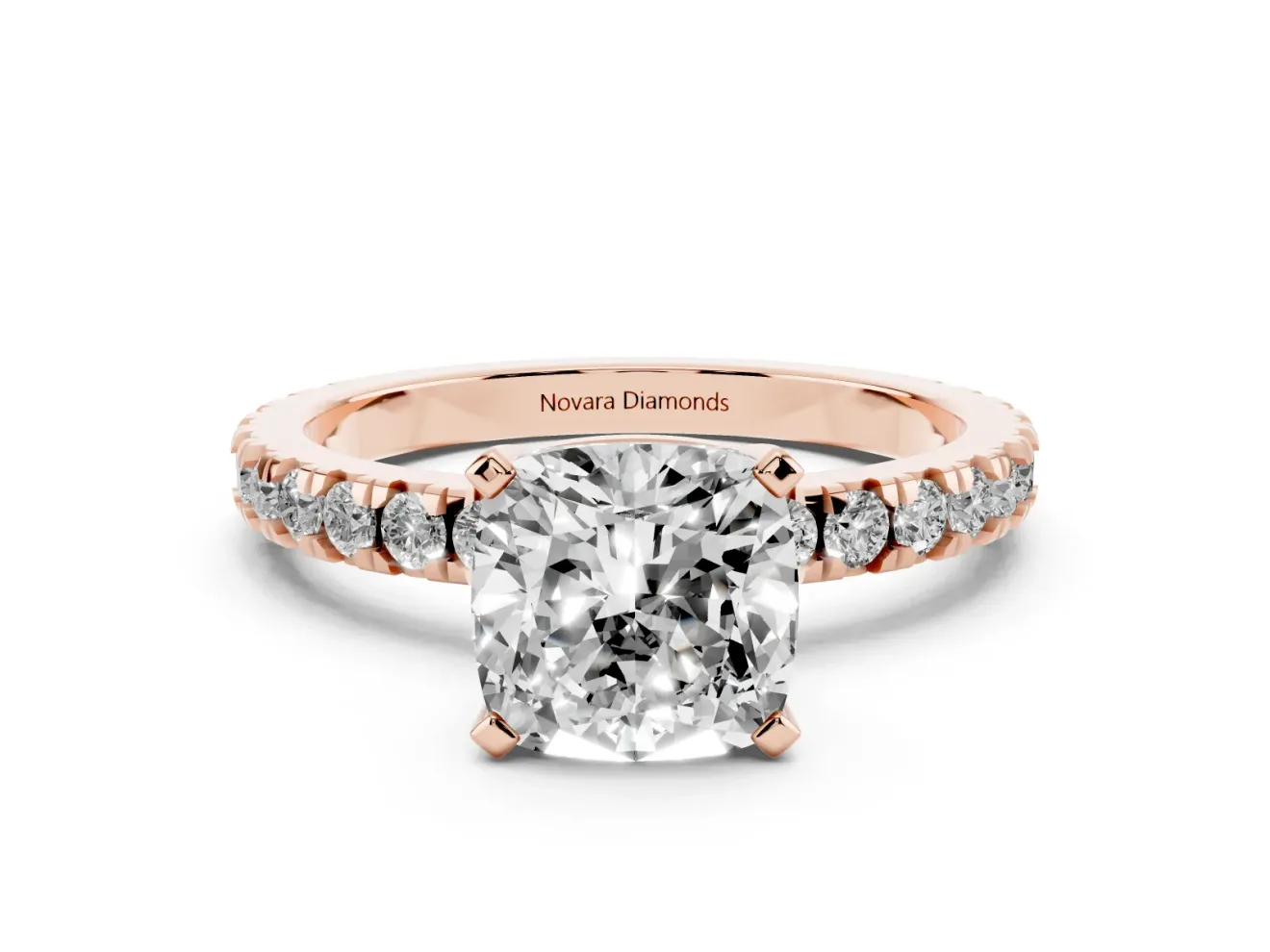 Cushion Cut Diamond Pavé Band Solitaire Set in Rose gold with Prong Setting