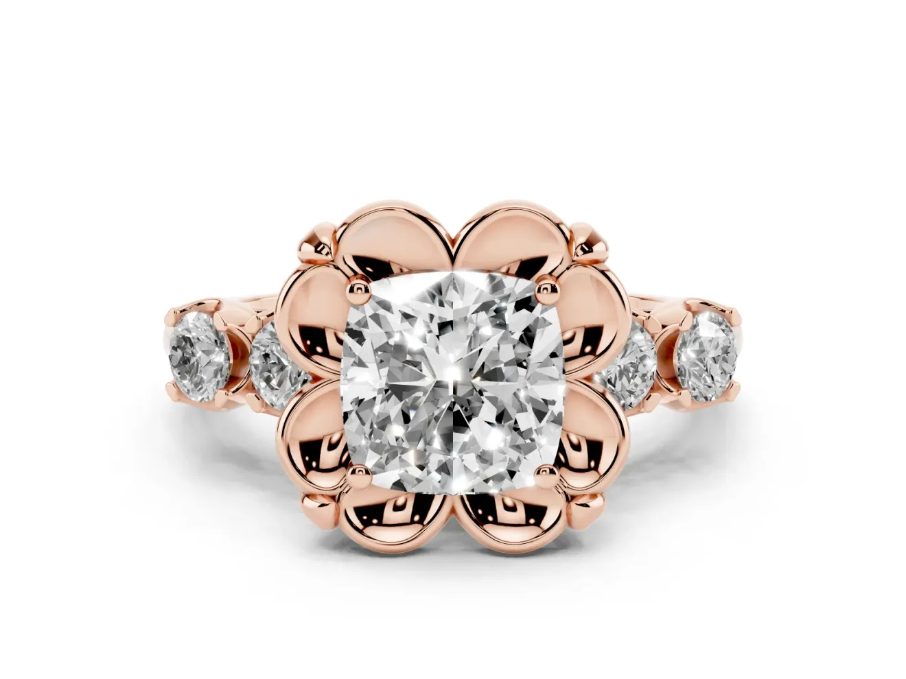 Cushion Cut Floral Engagement Ring Setting | Petal Frame and Side Stones | Rose Gold