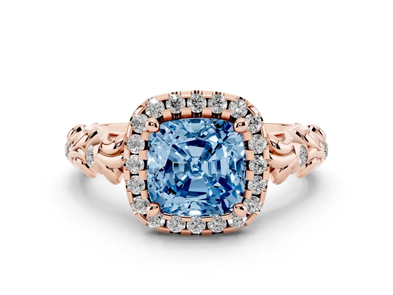 Cushion Cut Leaf Halo Engagement Ring Setting for a Fancy Blue Lab-Grown Diamond | Bezel Accents | Rose Gold
