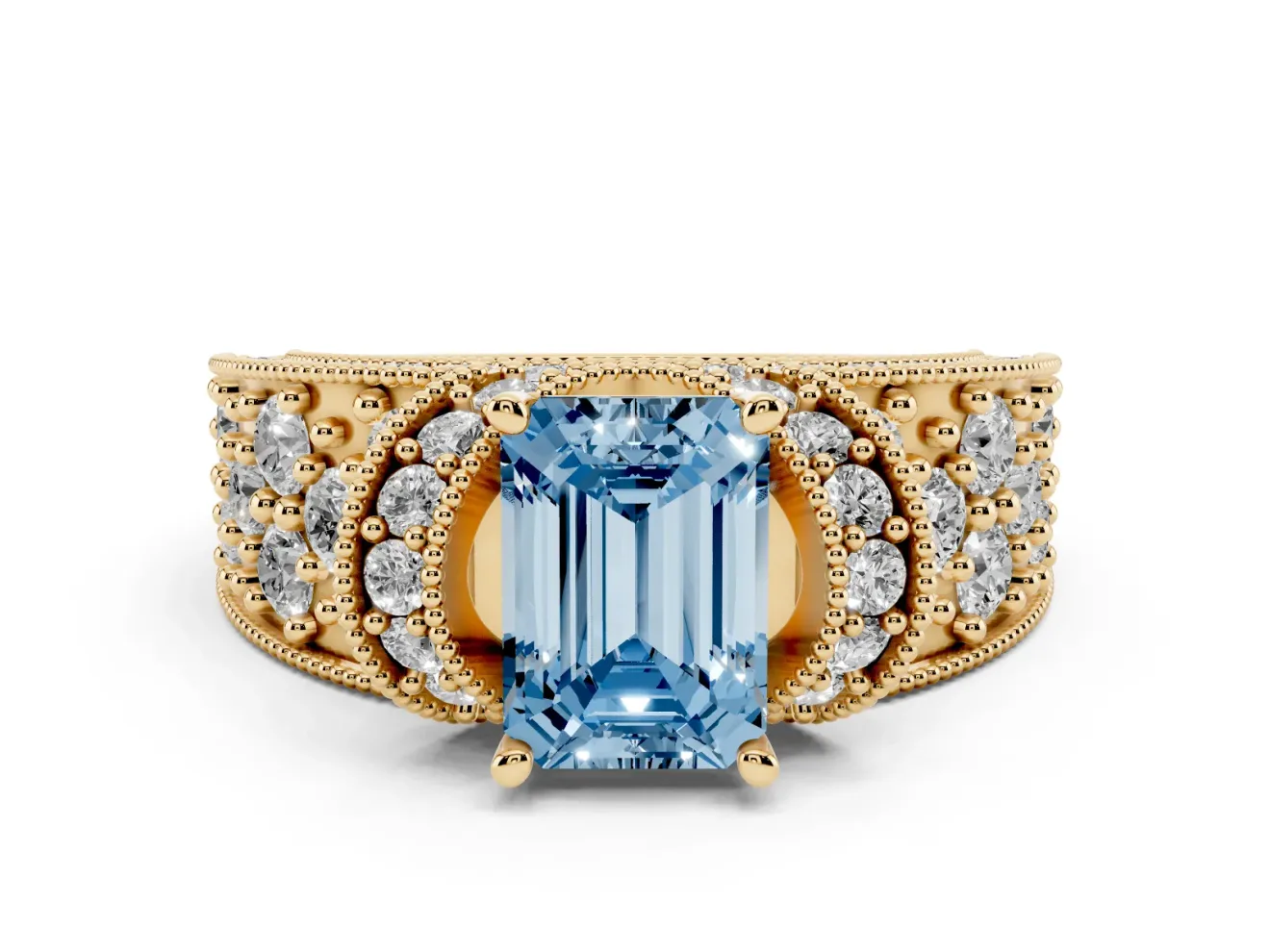 Emerald Cut Vintage Pave Engagement Ring Setting for a Fancy Blue Lab-Grown Diamond | Milgrain Edges | Yellow Gold