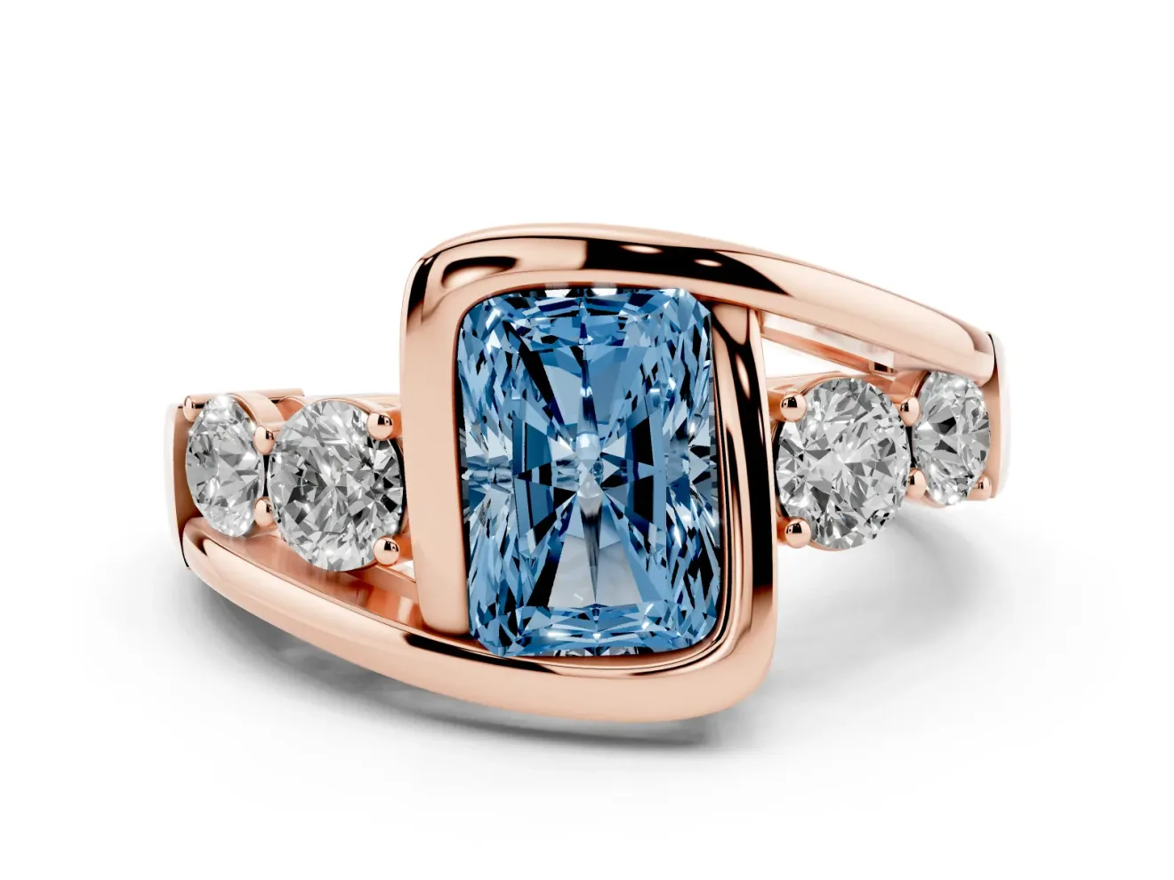 Fancy Blue Radiant Cut Diamond Bezel Bypass Ring Set in Rose gold with Round Accents