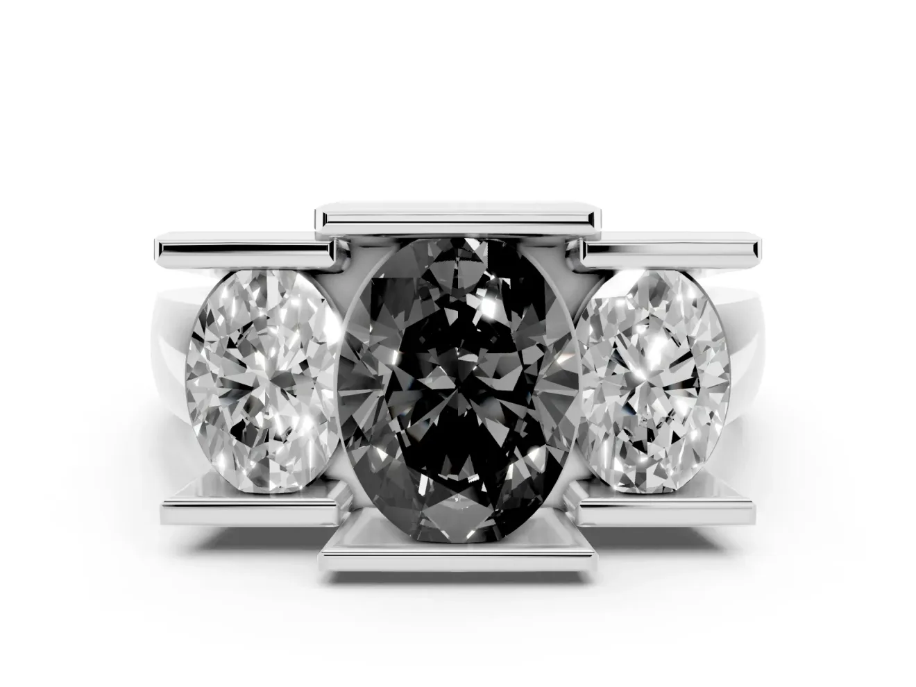 Fancy Black Oval Cut Diamond Three-Stone Channel Set Ring Set in Silver with Smooth Polished Band
