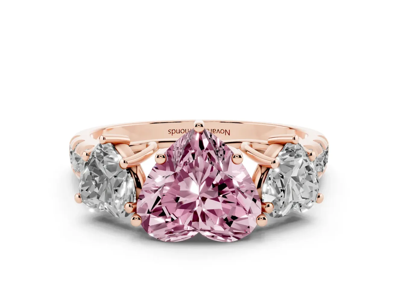 Heart-Shaped Three Stone Engagement Ring Setting for a Fancy Pink Lab-Grown Diamond | Accented Shoulders | Rose Gold
