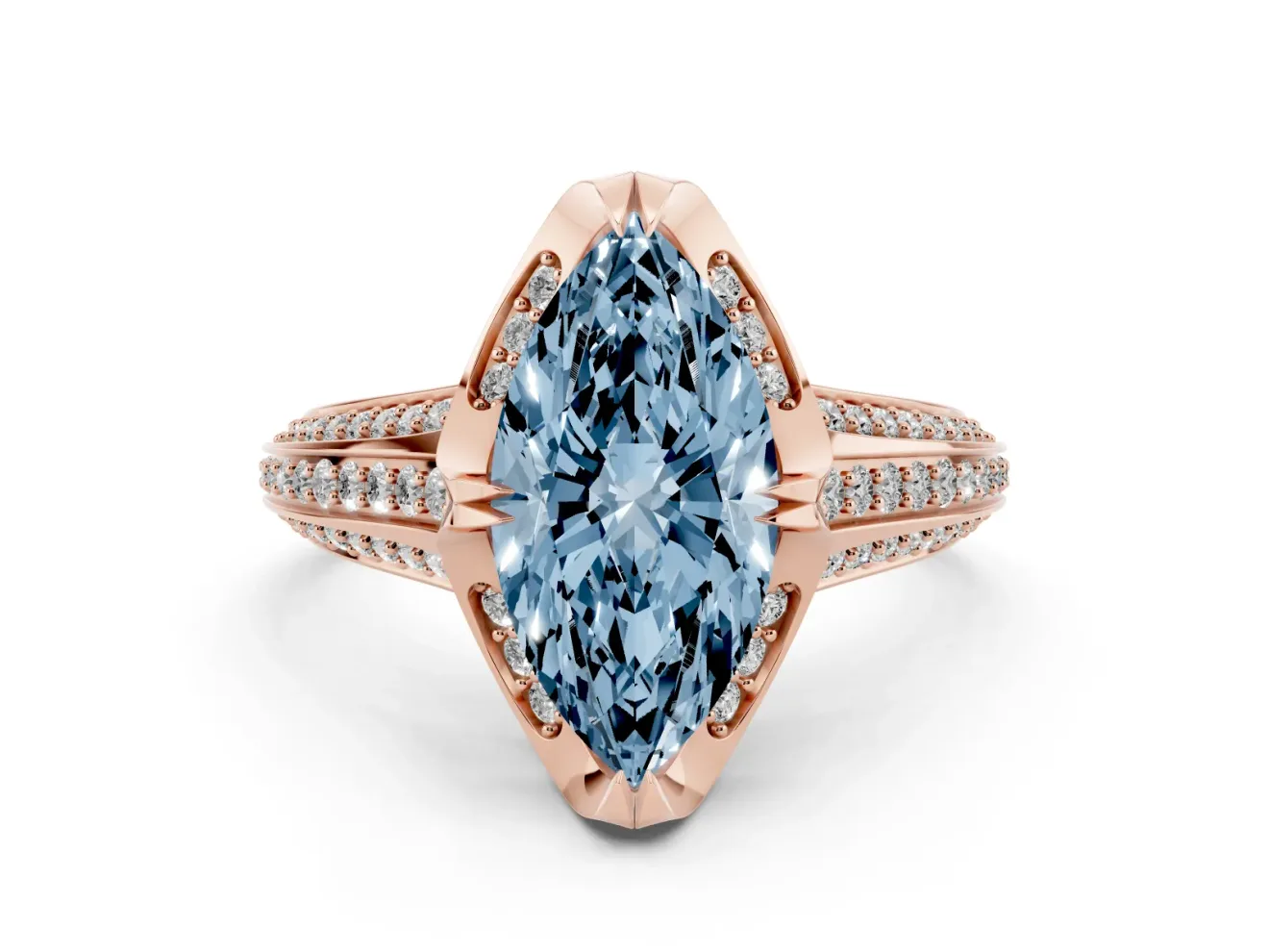 Marquise Hidden Halo Engagement Ring Setting for a Fancy Blue Lab-Grown Diamond | Triple Row Pavé Band | Rose Gold