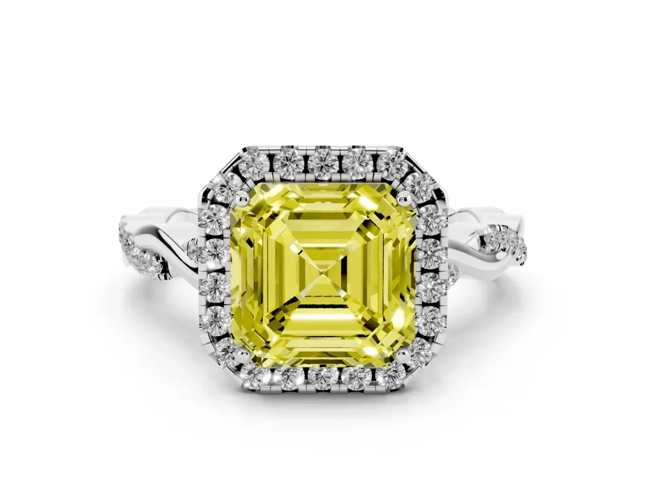 Asscher Cut Halo Engagement Ring Setting for a Fancy Yellow Lab-Grown Diamond | Pavé Twist Band | Sterling Silver