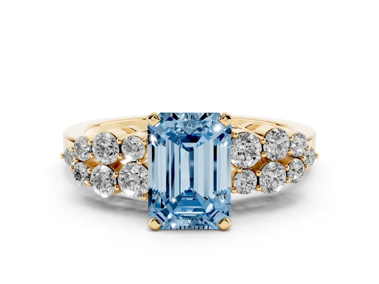 Fancy Blue Emerald Cut Diamond Cluster Engagement Ring Set in Yellow gold with Pavé Band and Prong Setting