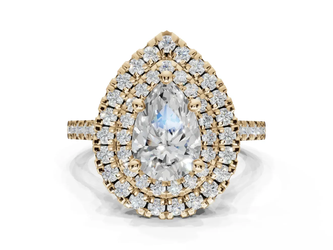 Pear-Shaped Double Halo Engagement Ring Setting | Pave Shoulders | Yellow Gold