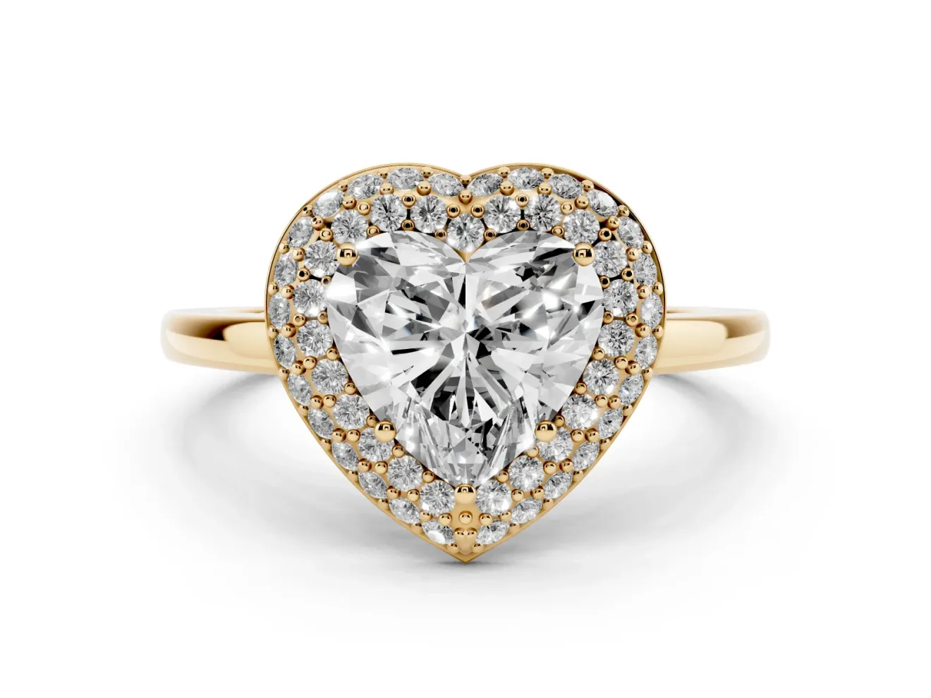 Heart Cut Diamond Halo Engagement Ring Set in Yellow gold with Solitaire Band and Prong Setting