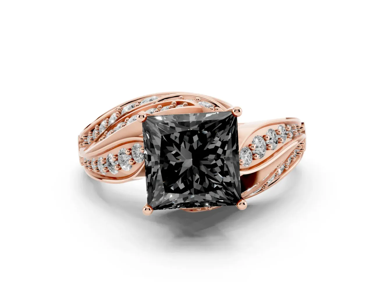 Princess Cut Bypass Pavé Engagement Ring Setting for a Black Center | Graduated Pavé | Rose Gold