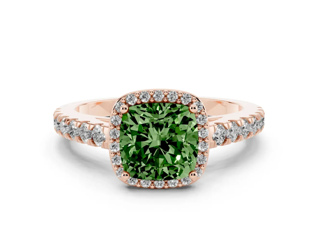 Fancy Green Cushion Cut Diamond Halo Engagement Ring Set in Rose gold with Pavé Band and Prong Setting