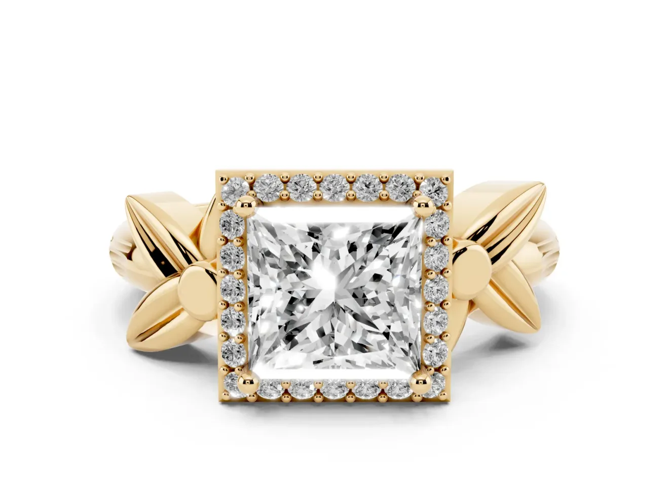Princess Cut Floral Halo Engagement Ring Setting | Leaf Shoulders | Yellow Gold