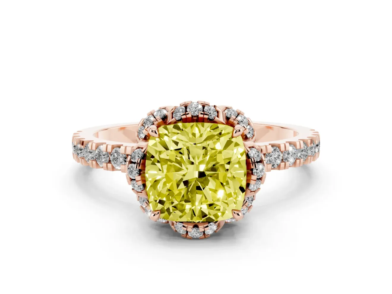 Fancy Yellow Cushion Cut Diamond Halo Pavé Band Ring Set in Rose gold with Prong-Held Center