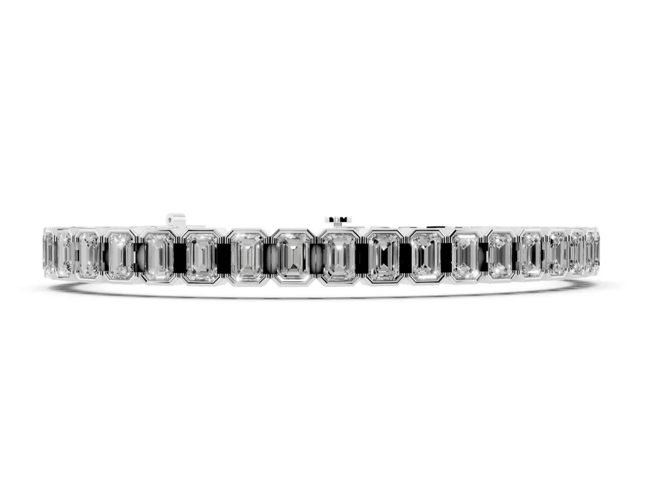 Emerald Cut Lab-Grown Diamond Bezel Tennis Bracelet | Grooved Hinge Links | White Gold