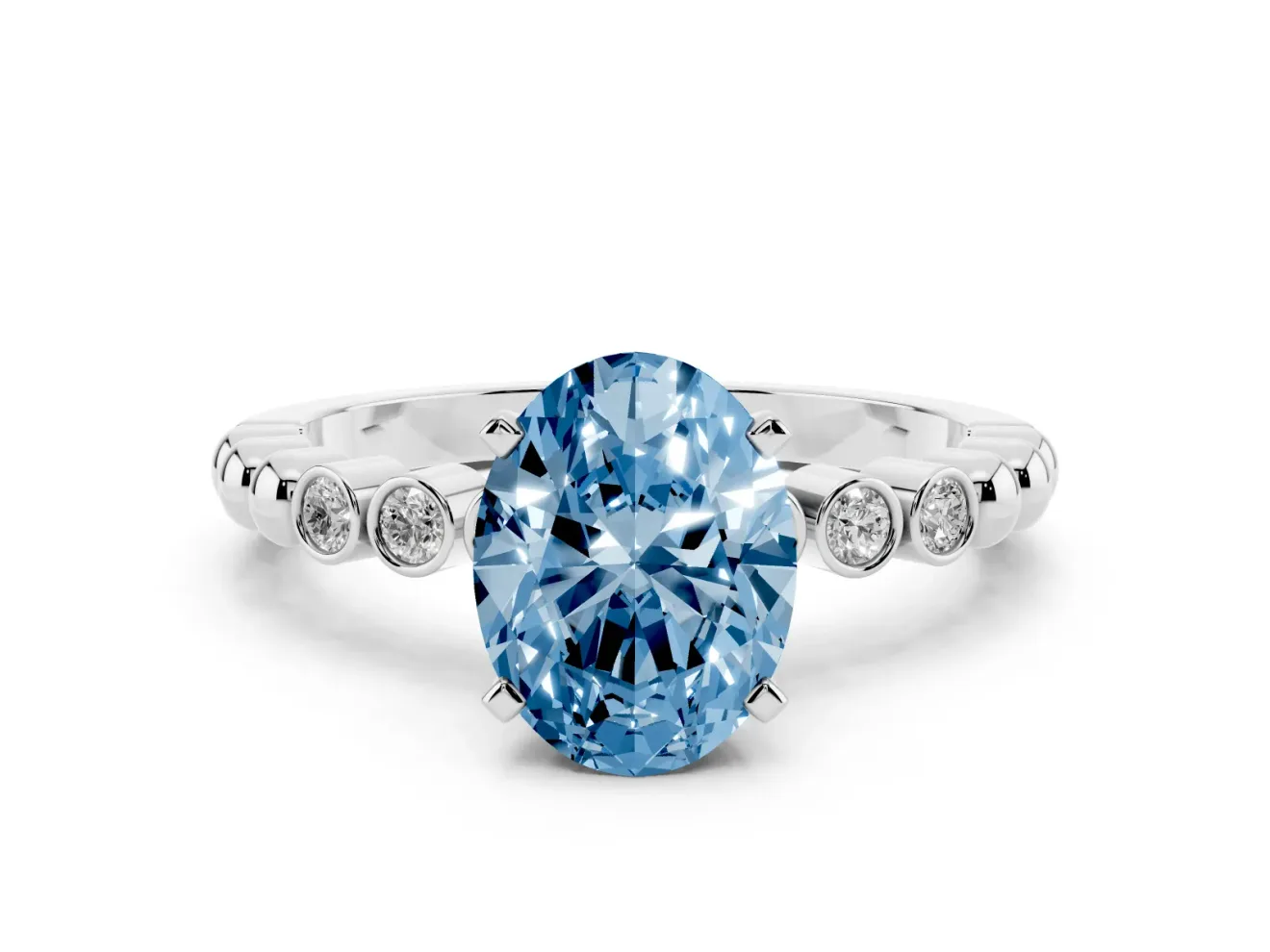 Fancy Blue Oval Cut Diamond Solitaire Engagement Ring Set in Platinum with Bezel Accents on Beaded Band