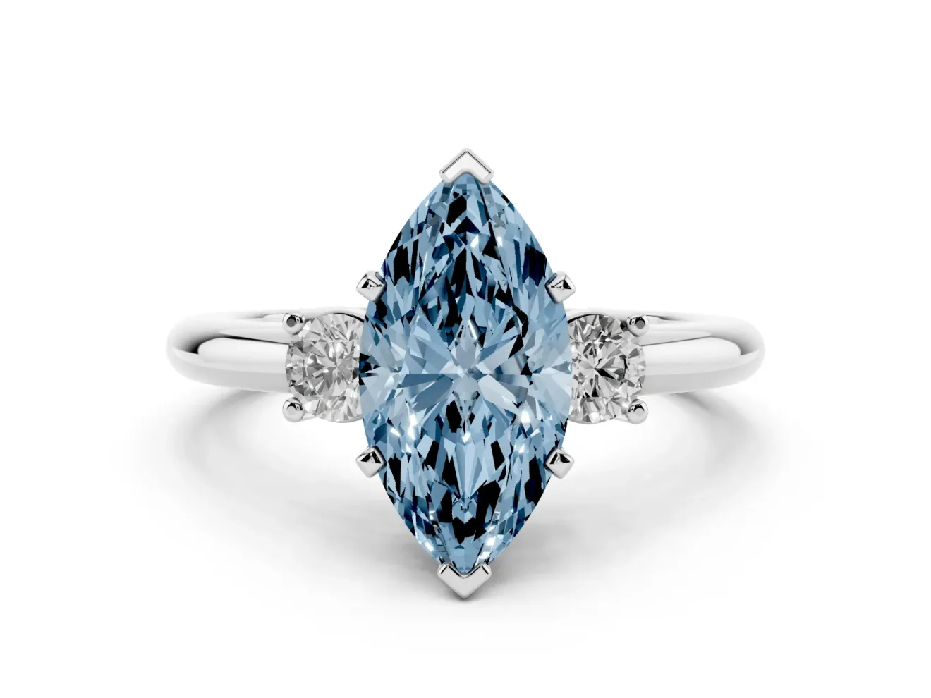 Fancy Blue Three-Stone Marquise Cut Diamond Ring Set in Platinum with Prong Setting and Plain Band