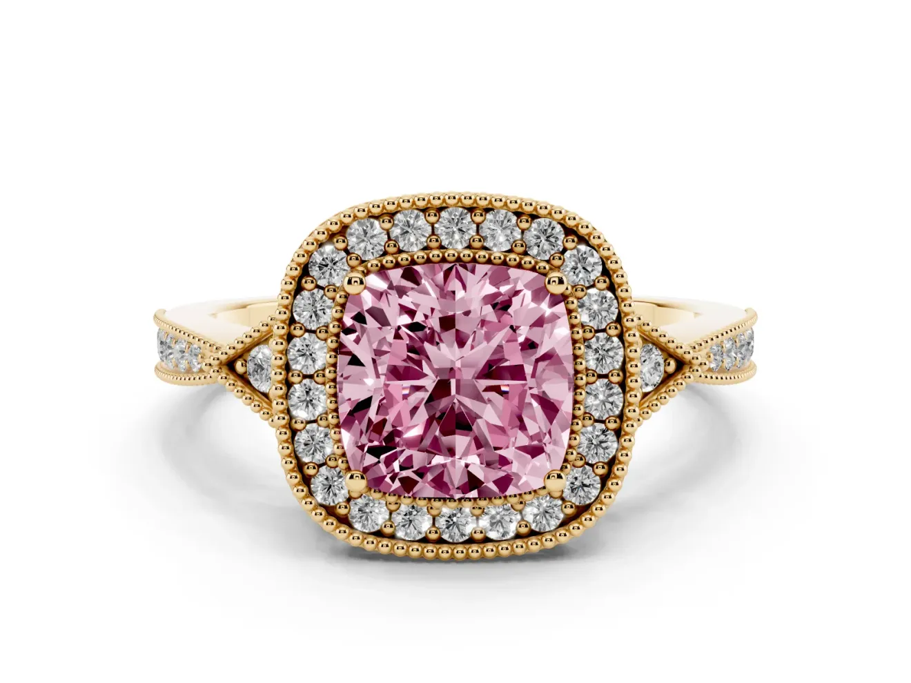 Cushion Cut Milgrain Halo Engagement Ring Setting for a Fancy Pink Lab-Grown Diamond | Graduated Pavé | Yellow Gold