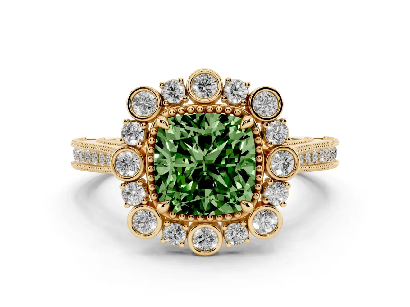 Cushion Cut Scalloped Halo Engagement Ring Setting for a Fancy Green Lab-Grown Diamond | Milgrain Edges | Yellow Gold