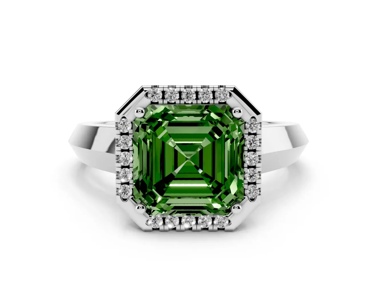 Asscher Cut Knife-Edge Halo Engagement Ring Setting for a Fancy Green Lab-Grown Diamond | Platinum