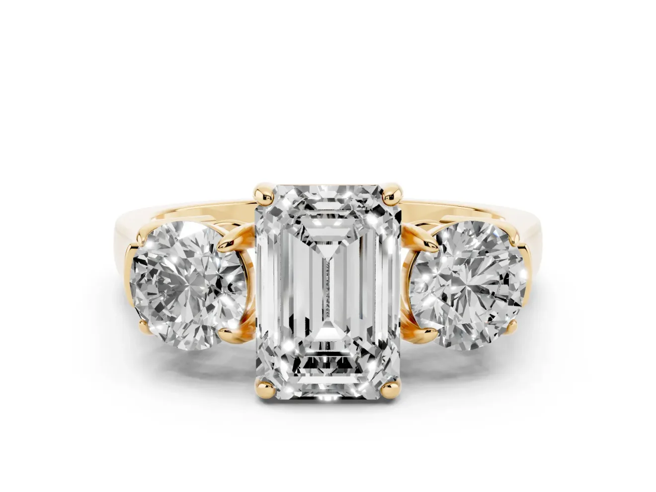 Emerald Cut Three Stone Engagement Ring Setting | Round Side Stones and Open Baskets | Yellow Gold