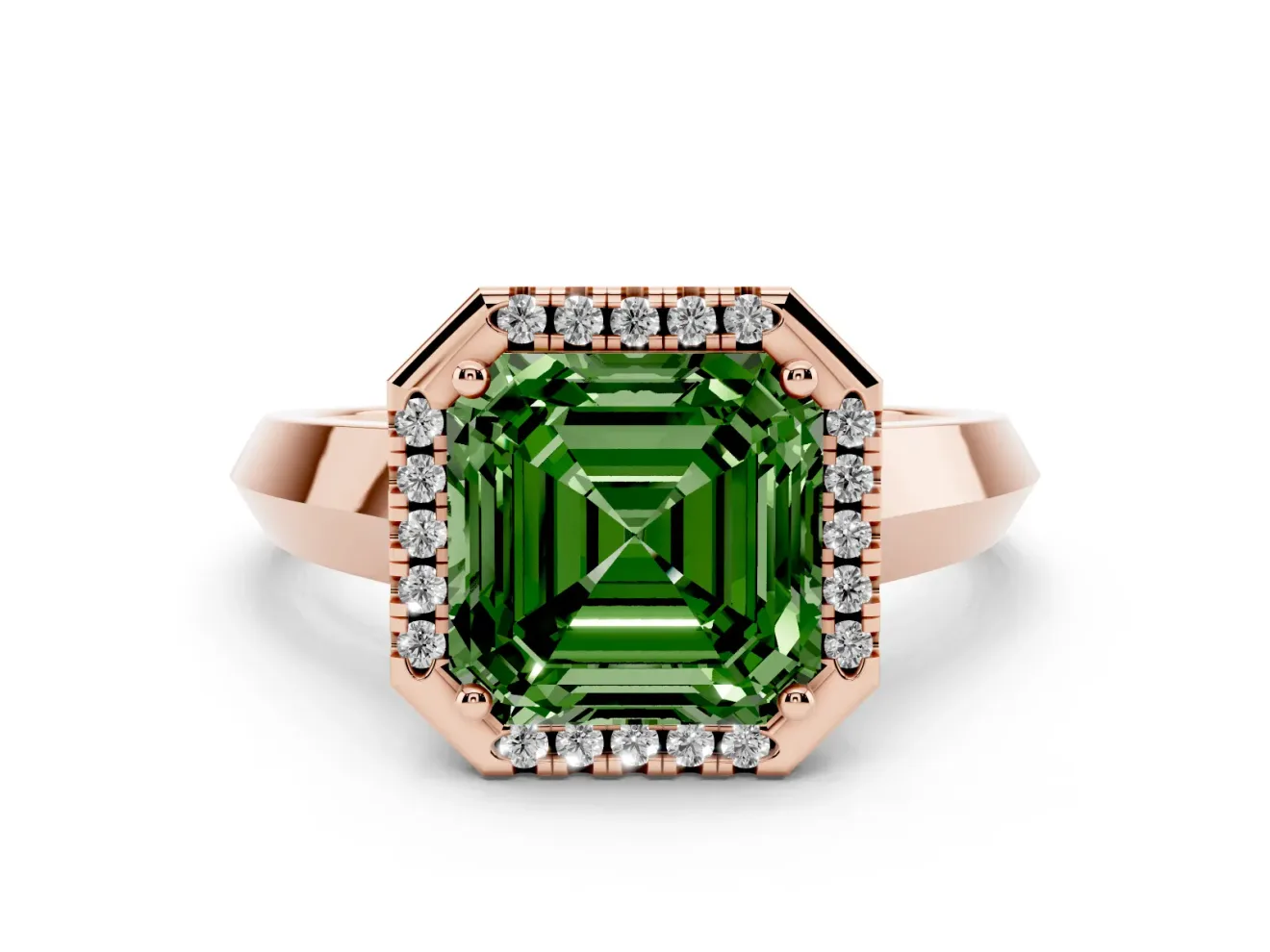 Fancy Green Asscher Cut Diamond Halo Ring Set in Rose gold with Cathedral Band and Prong Setting