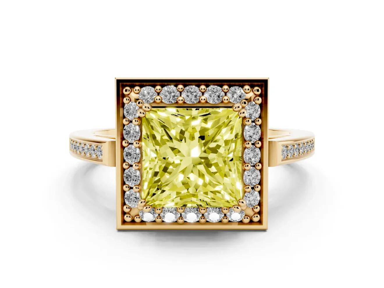 Princess Cut Halo Engagement Ring Setting for a Fancy Yellow Lab-Grown Diamond | Polished Halo Rim | Yellow Gold